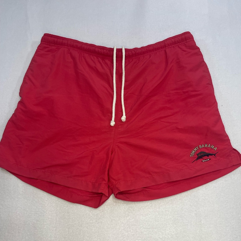 Vintage Tommy Bahama Swim Trunks Red Embroidered Logo Mens M with patch pocket